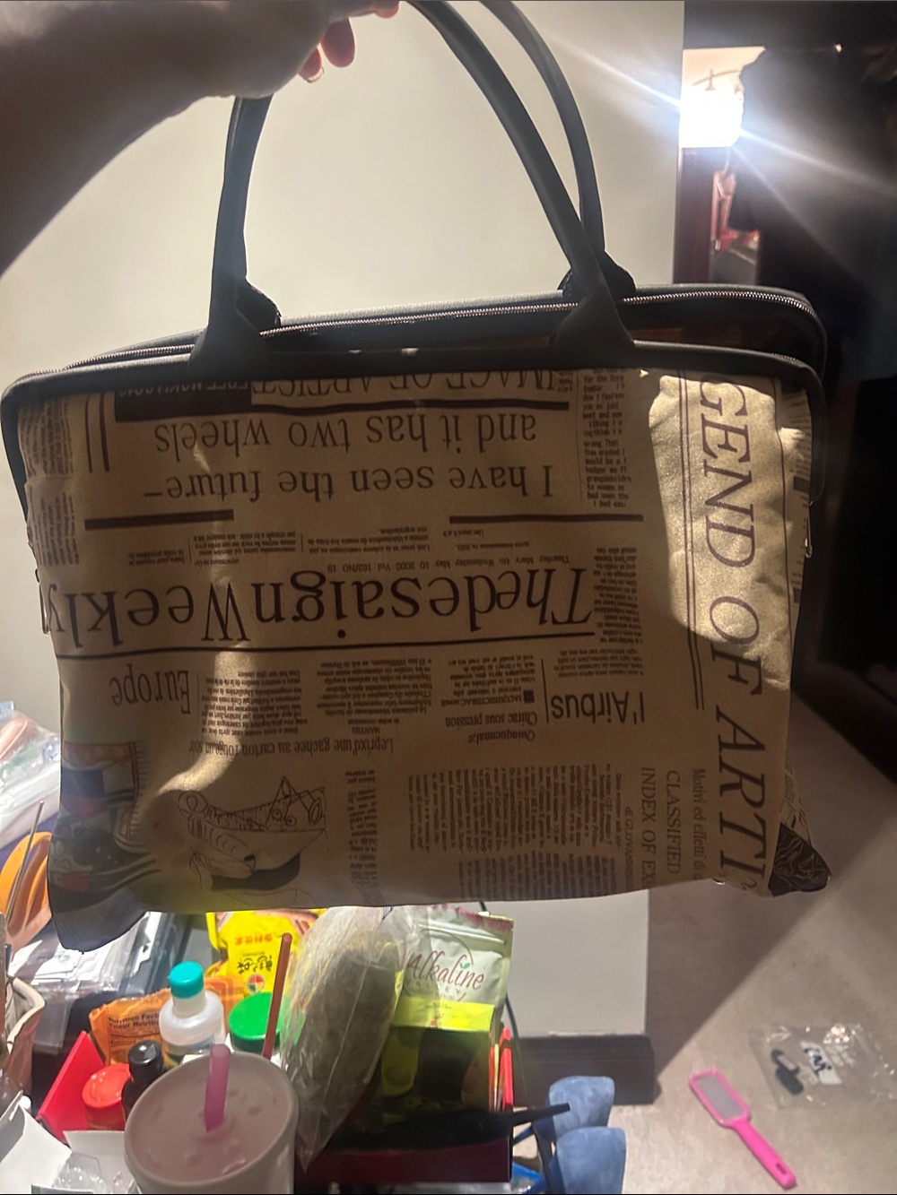 Newspaper-Print Canvas Briefcase Tote in Beige with Black Handles